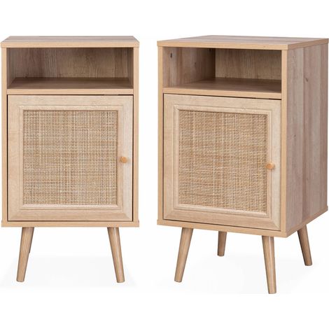 Lot de 2 tables de chevet en cannage - Bohème - 40x39x70cm Naturel - 2 niveaux - 1 portes - 1 espace de rangement - pieds scandinaves