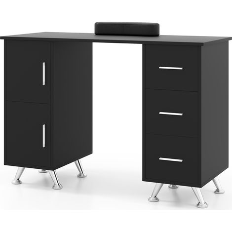 Table de manucure noire en MDF avec 2 placards, 3 tiroirs et repose-poignet rembourré pour salon, chambre et institut (1/5)