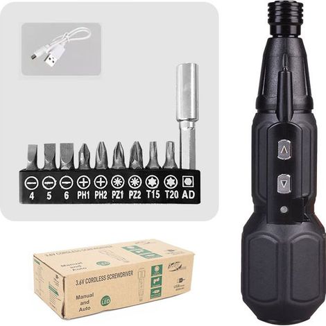 Tournevis électrique sans fil rechargeable 3,6 V avec 9 embouts, batterie lithium 900 mAh, USB, couple 2-10 N.m, pour bricolage et maintenance (1/3)