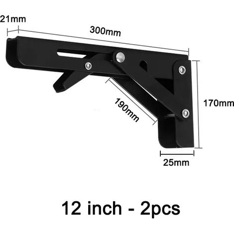 Supports d'étagère pliables (noirs, 30 cm - lot de 2) avec vis, étagères murales réglables, étagères triangulaires pliables, gain de place, lot de 2, noir (1/5)