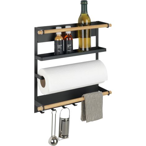 Wenko – Étagère à épices magnétique – Fixation sans perçage – Métal noir et bambou – Dimensions 33x34x8 cm – 6 crochets pour ustensiles (1/5)