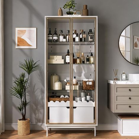 Meuble de rangement haut avec porte vitrée et tiroir en MDF (1/5)