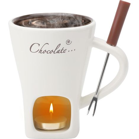 Tasse à fondue au chocolat en céramique avec fourchettes - 200 ml - Set pour faire fondre le chocolat - Set de fondue avec fourchette et bougie chauffe-plat pour fromage, chocolat, beurre caramel (1/5)