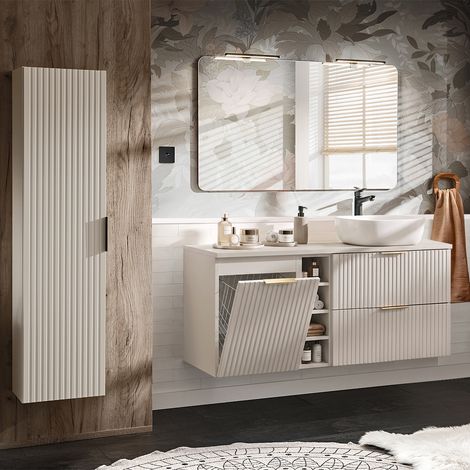 Conjunto mueble lavabo individual 140cm 3 compartimientos cesto de ropa y columna Adriel Cachemira (1/4)