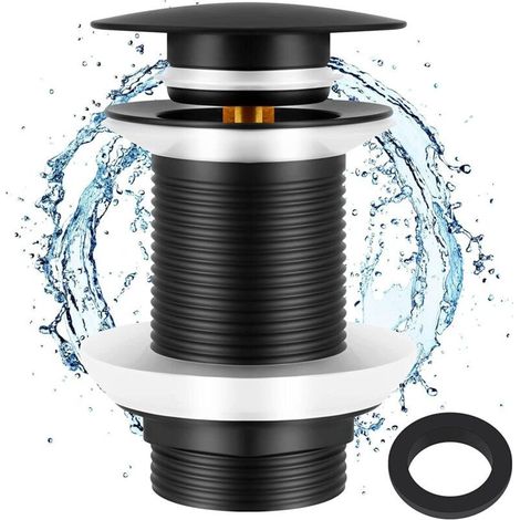 Bonde de lavabo noir sans trop-plein – Acier inoxydable et laiton – Diamètre 41-53mm – Drainage rapide par interrupteur pop-up (1/4)