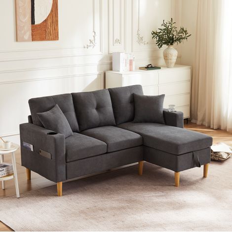 Canapé d'angle 175x129x90 cm en tissu gris foncé, avec rangement, pour salon FloraGrace (1/5)