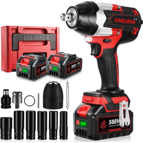 ONEVAN Llave de Impacto Inalámbrica 1000Nm , 3 velocidades，1/2" Pistola de Impacto Electrica con dos baterías de 3,0 Ah y 12 accesorios - azul