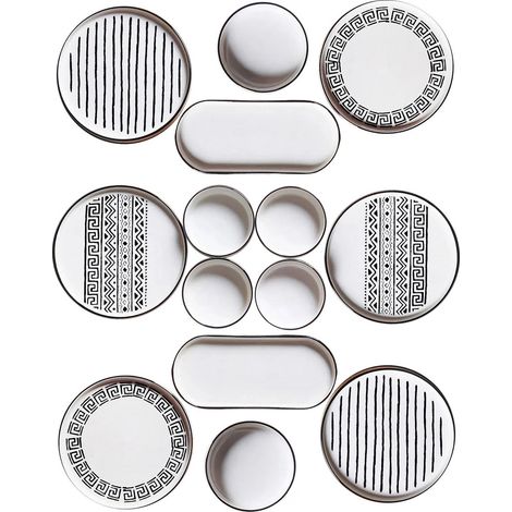 Juego de desayuno, vajilla, mantel individual. Set 100% Cerámico Negro Blanco (1/2)