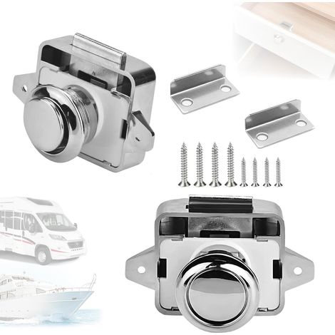 Lot de 2 serrures pour camping-car, push-lock, bouton pression en métal sans clé, bouton poussoir en alliage d'aluminium, armoire, blanc (1/5)
