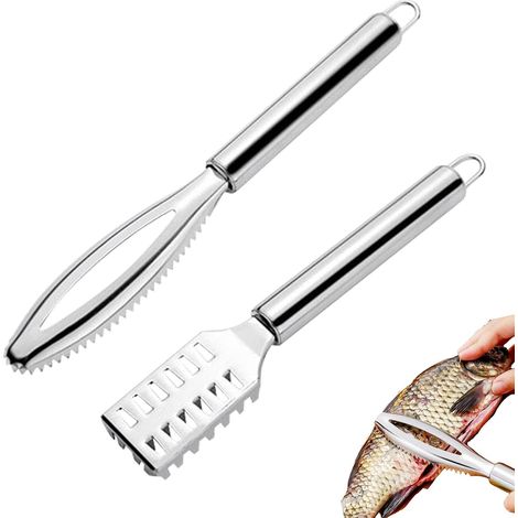 Juego de 2 descamadores de pescado de acero inoxidable con mango - Herramientas de limpieza de cocina (plata) (1/5)