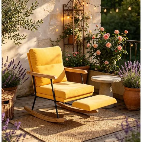Fauteuil à Bascule,Rocking Chair avec avec repose-pieds extensibles,Scandinave,Pieds en Bois Massif,Coton et lin,jaune,64x97x94cm (1/5)