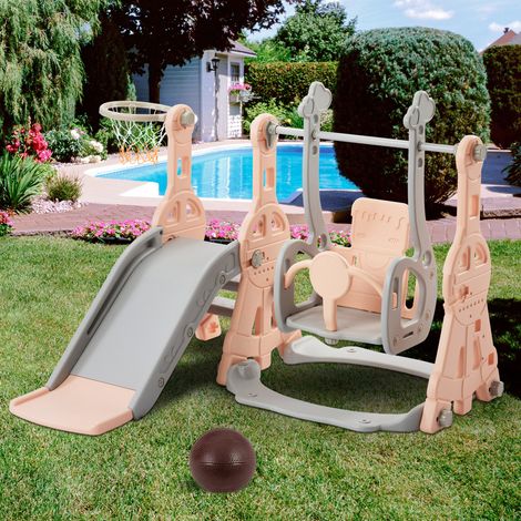 JOOKGBD–4-in-1 Kinderrutsche, Rutschenset für Kinder mit Schaukel, Basketballkorb, Kletterleiter, für Innen und Außen, für Kinder von 1 bis 6 Jahren, Rosa