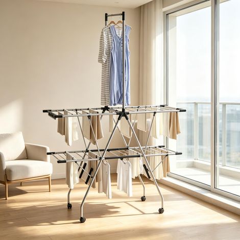 Séchoir à linge pliant avec roulettes, 138,5x63x208 cm, 35 kg, 27 paires de chaussettes, 2 paires de chaussures, inox (1/5)