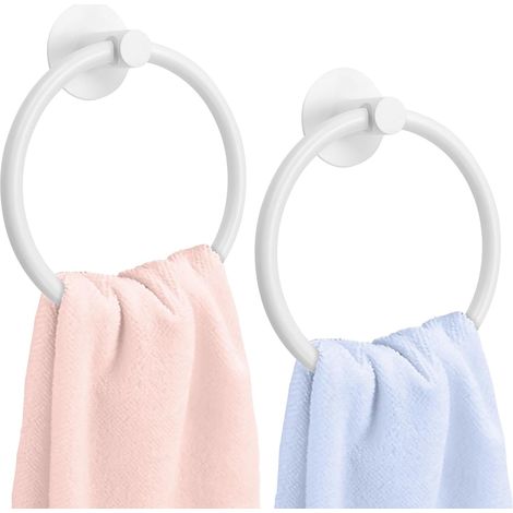 Lot de 2 porte-serviettes blancs, anneaux porte-serviettes en aluminium noir, 16,5 cm, fixation murale adhésive 3M pour cuisine et salle de bain