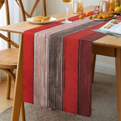 Chemin de table rouge 33 x 183 cm, rectangulaire, style champêtre rétro rustique, texture bois de grange, en lin (1/5)