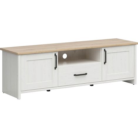 Meuble TV avec 2 portes et un tiroir, coloris Blanc pin andersen/Chêne clair - Longueur 160 x Profondeur 44 x Hauteur 50,5 cm (1/5)
