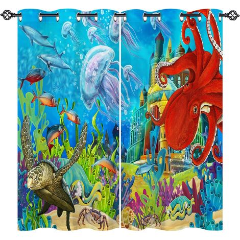 Rideau Occultant Océan Château Pieuvre Tenture Opaque à Oeillets Draperies Intérieurs Rideau Thermique Isolant pour Maison Chambre Salon Fenetre 2 Pièces L 107 x H 160 cm - 107L X 160H cm (2 Panneaux) (1/5)
