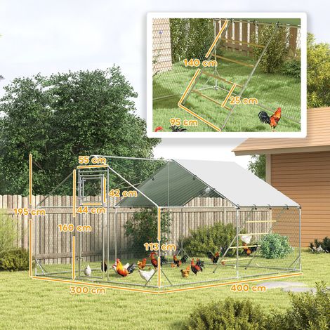 Poulailler de 12 m² (pour 12 à 18 poules), toit étanche, mangeoire, perchoirs, 3 x 4 x 1,9 m, argent (1/5)