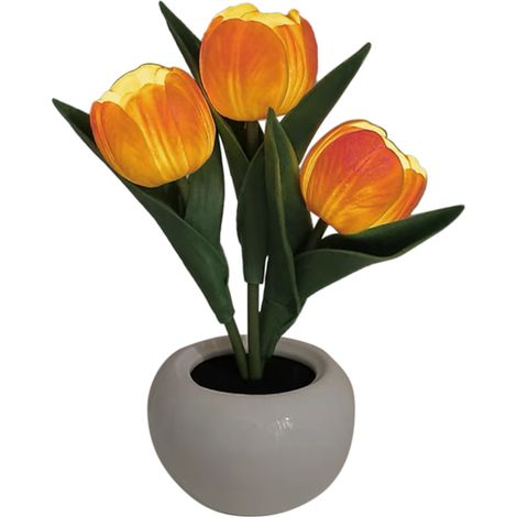 Lampe de chevet LED orange à trois tulipes, base en céramique, à piles, avec plante artificielle en pot. Cadeau idéal pour une amie. Lampe de table girly parfaite pour Instagram. (1/2)