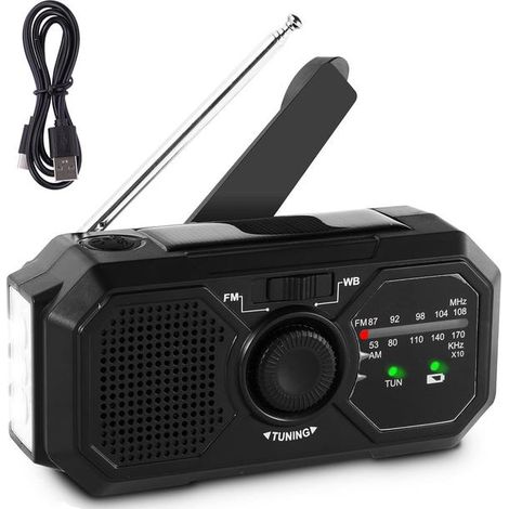 Radio AM/FM de survie à énergie solaire, manivelle, rechargeable par USB, 1 200 mAh, charge solaire, lampe torche LED et alarme SOS, noir