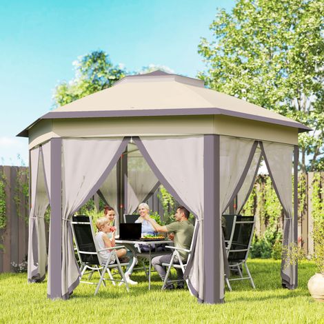 Marron 4x3,4 m - Tente pliante doté de double toit, 6 moustiquaires amovibles et sac de transport anti-UV et beige