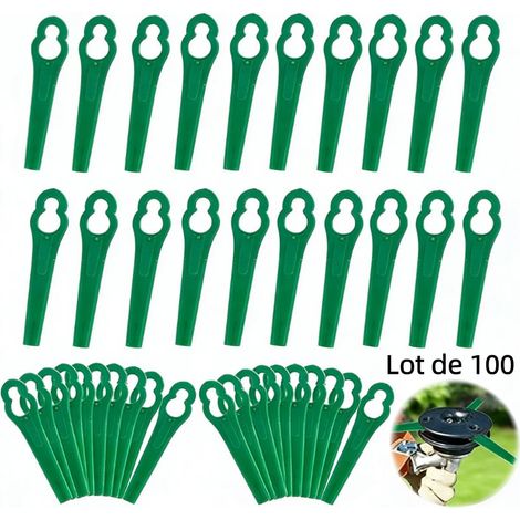 Lot de 100 lames en plastique vert en forme de gourde pour tondeuse à gazon, lames de remplacement pour débroussailleuse, accessoire universel pour tête de coupe de jardin (1/5)