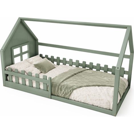 Letto a casetta per bambini 90x200 cm in pino e MDF, struttura verde con rete a doghe, stile giocoso per cameretta, facile da montare  CHICFURN (1/5)