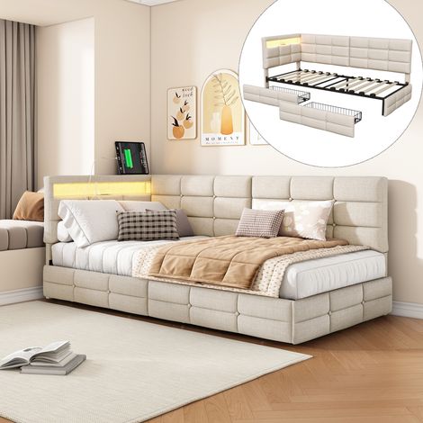 Polsterbett 90x200 cm aus Leinenstoff, Einzelbett mit LED, USB-Anschluss, intelligentem Kopfteil und 2 Schubladen, Beige