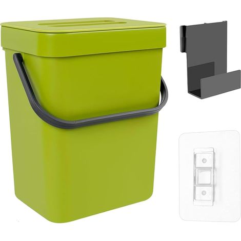 Poubelle bio de 3 l - Petite poubelle à composteur avec couvercle - À suspendre au seau à compost - Pour salle de bain, cuisine, bureau, camping - Vert (1/5)