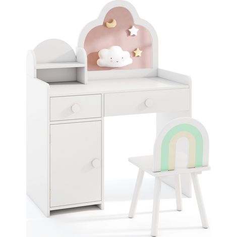 Kids Vanity Table and Chair Set with Cloud-shaped Mirror and Open Shelf-White (1/5)