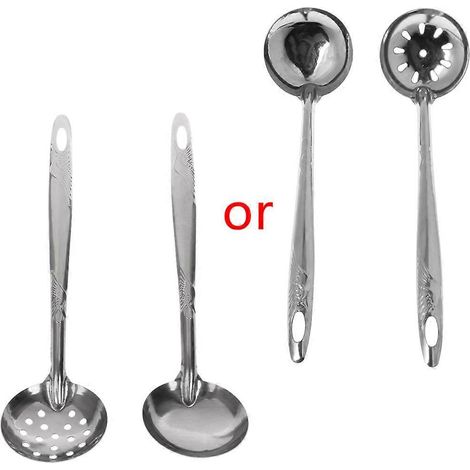 Ensemble d'ustensiles de cuisine en acier inoxydable comprenant une louche à soupe, une passoire et une écumoire (2 pièces). (1/5)