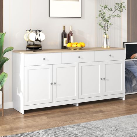 DESMIU Buffet et enfilade 4 portes 3 tiroirs avec étagères réglables, pour cuisine, salle à manger, salon, blanc et bois, 160 × 37 × 75 cm (1/5)