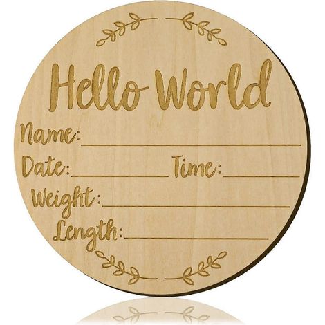 Panneau d'annonce de naissance, panneau rond en bois « Bonjour le monde » de 15 cm (5,9 pouces) pour nouveau-né. (1/5)