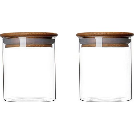 Lot de 2 bocaux hermétiques en verre avec couvercle en bambou pour le stockage de farine, de café, de thé, de sucre, de bonbons, d'épices (200 ml) (1/5)