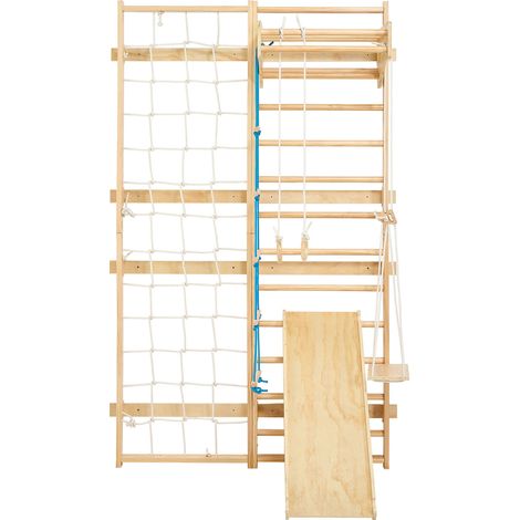 Mophorn Schwedische Leiterwand 8-in-1: 12-stufiges Kletterspielzeug aus Holz, belastbar bis 100 kg, Indoor-Klettergerüst mit Kletterbrett, Turnringen, Klimmzugstange, Wandleiter, Rutsche und Schaukel