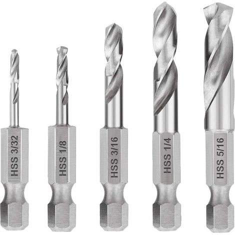 Lot de 5 forets à métal à tige hexagonale à changement rapide HSS M2,3/32, 1/8, 3/16, 1/4, 5/16", avec tige hexagonale, perceuse d'angle HSS (1/5)