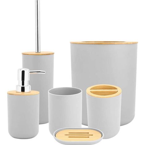 Ensemble 6 pièces Accessoires de salle de bain, Bambou et PP, Design moderne, Pour maison et hôtel (1/5)
