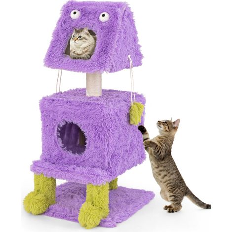 Albero per gatti con 2 nidi privati palo per graffio in sisal giocattoli pendenti, Torre di gatti a tema mostro carina Viola (1/4)