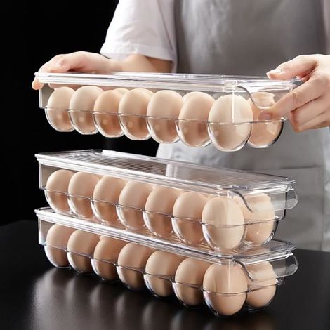 (Transparente)14 grilles Boîte de rangement empilable transparente réutilisable pour œufs, avec couvercle et poignée élargie, pour réfrigérateur (1/4)