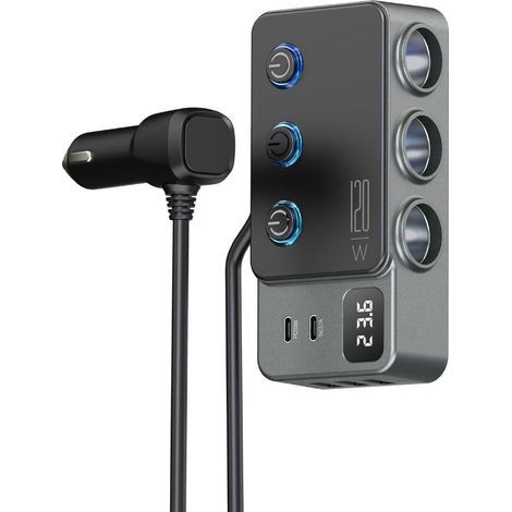8-in-1 cigarette lighter splitter, 3-socket car charger adapter, 5-port QC3.0 PD35W Type-C USB charger, 12V/24V car socket with built-in protector (1/5)