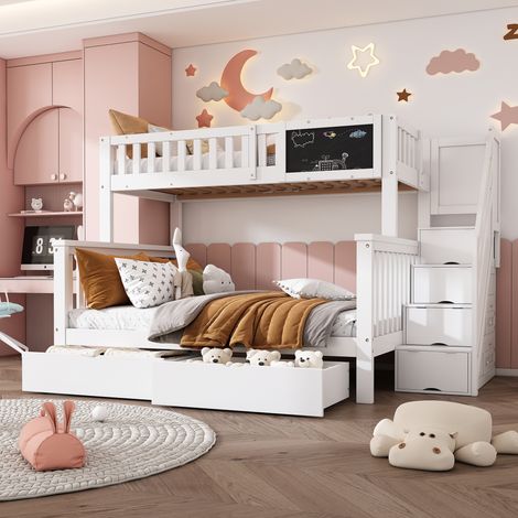 REDOM Letto a castello 90/140x200 cm con lavagna e contenitori in legno bianco (Senza materasso)