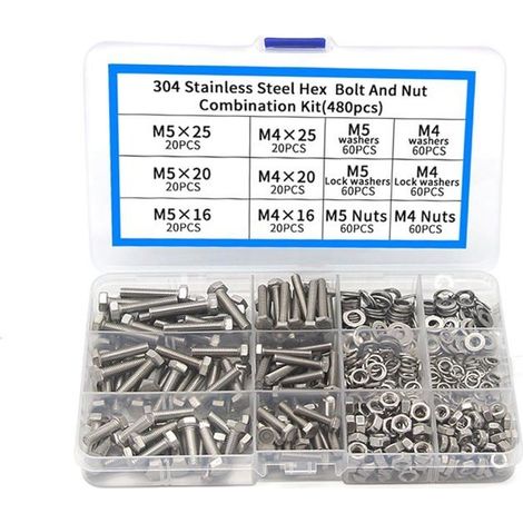 Lot de 480 boulons et écrous hexagonaux, vis en acier inoxydable (1/5)