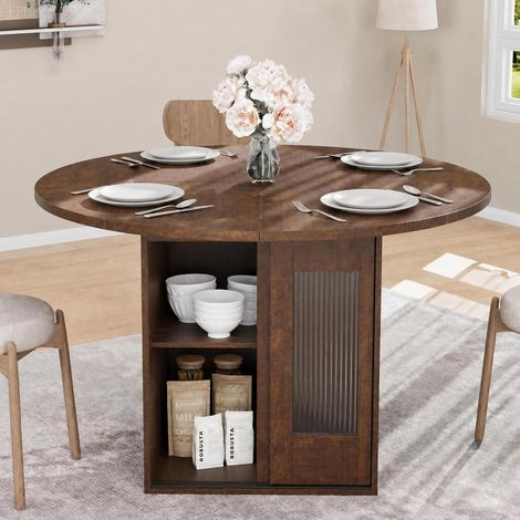 BALOVEBY - Table à Manger Ronde120cm avec Rangement Coulissant & Étagère 2 Niveaux, Style Fermier Bois, Pour 4 à 6 Personnes, Brun-rouge (1/5)