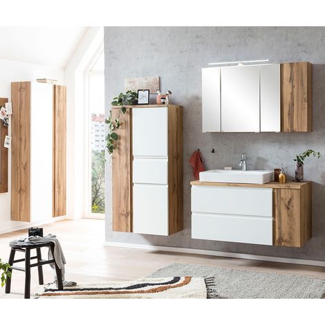 Badezimmer Möbel Set mit Keramik-Aufsatzbecken links und LED Beleuchtung, Wotan Eiche Nb. mit weiß matt, VASTO-03-WHITE (1/5)