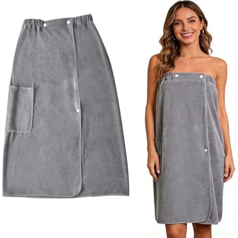 Serviette Bain 130x80 cm Réglage de Taille, Robe de Sauna Femme avec Grande Poche, Serviette Spa Massage Lavable, Robe de Bain Douche Boutonnée, pour Salle de Bain Piscine Salle de Sport, Gris (1/5)
