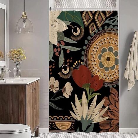 Rideau de douche bohème, abstrait, fleurs, vintage, vert, feuilles, étroit, anti-moisissure, imperméable, en polyester, lavable, opaque, avec crochets, 120 x 180 cm (1/4)