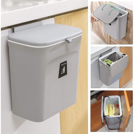 Bac à compost de cuisine de 2,4 gallons (9 litres) à poser sur le plan de travail ou à installer sous l'évier, petite poubelle suspendue avec couvercle pour placard/salle de bain/chambre/bureau/campin (1/5)