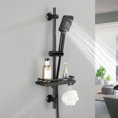 Görbach Barre de douche inox 70 cm avec tablette de douche intégrée, douchette 3 jets et flexible, ensemble de douche noir (1/5)
