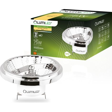 Bombilla LED G53 con reflector AR111 10W = 75W 1055lm 3000K Cálido 24° 12V Plata LUMILED