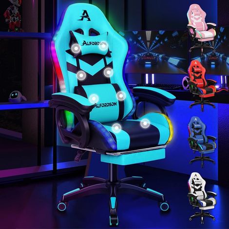 Gaming-Stuhl Bürostuhl Drehstuhl Massage RGB LED ergonomisch Cyan Schwarz (1/5)